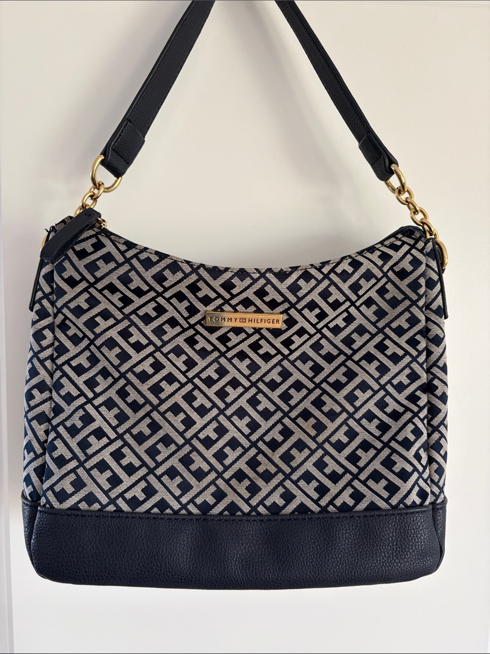 Tommy Hilfiger Navy & Grey Jacquard Shoulder Bag with Gold Accents